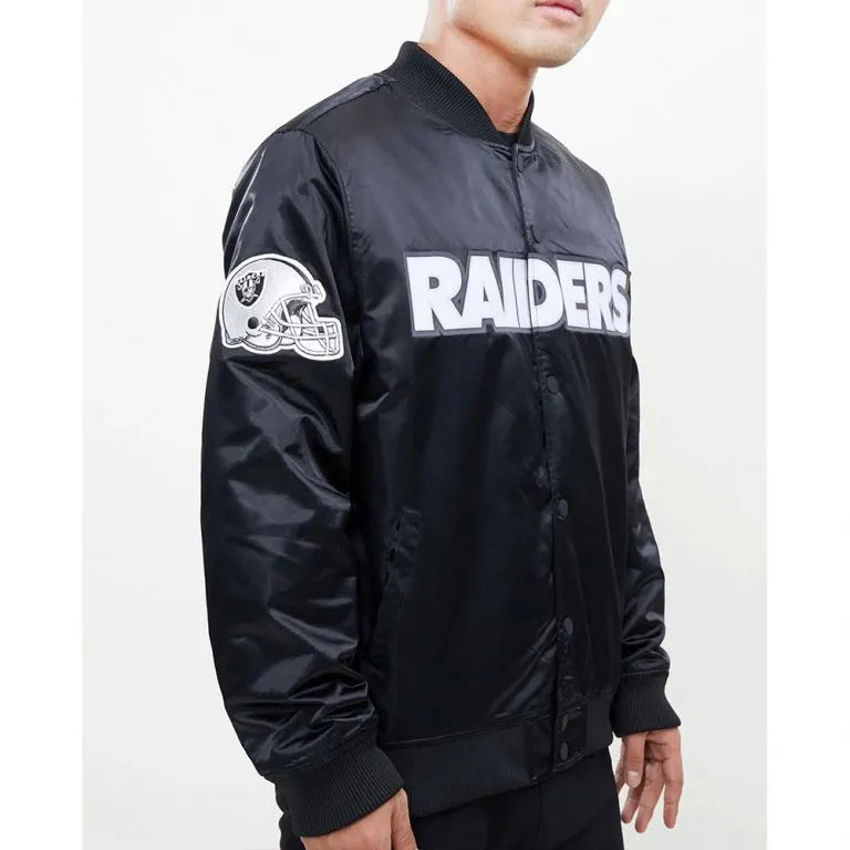 Los Angeles Raiders Big Logo Full-Snap Varsity Black Satin Men's Bomber Jacket