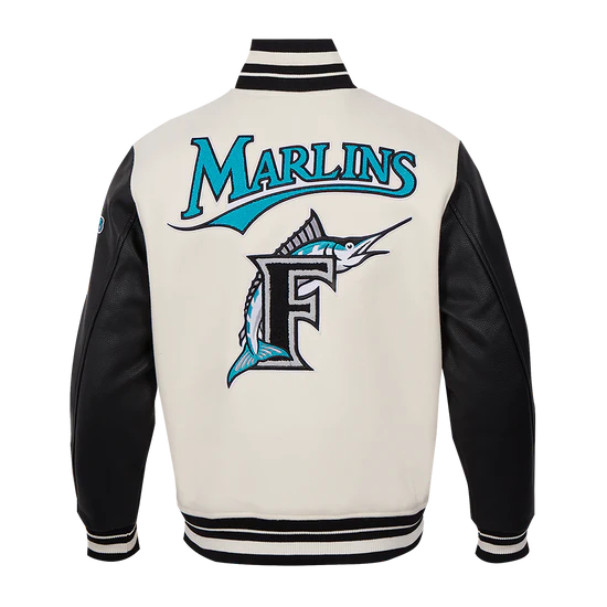 Florida Marlins Varsity Letterman Off White Wool & Leather Sleeves Men's Jacket