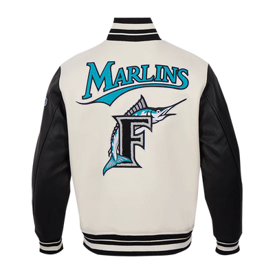Florida Marlins Varsity Letterman Off White Wool & Leather Sleeves Men's Jacket