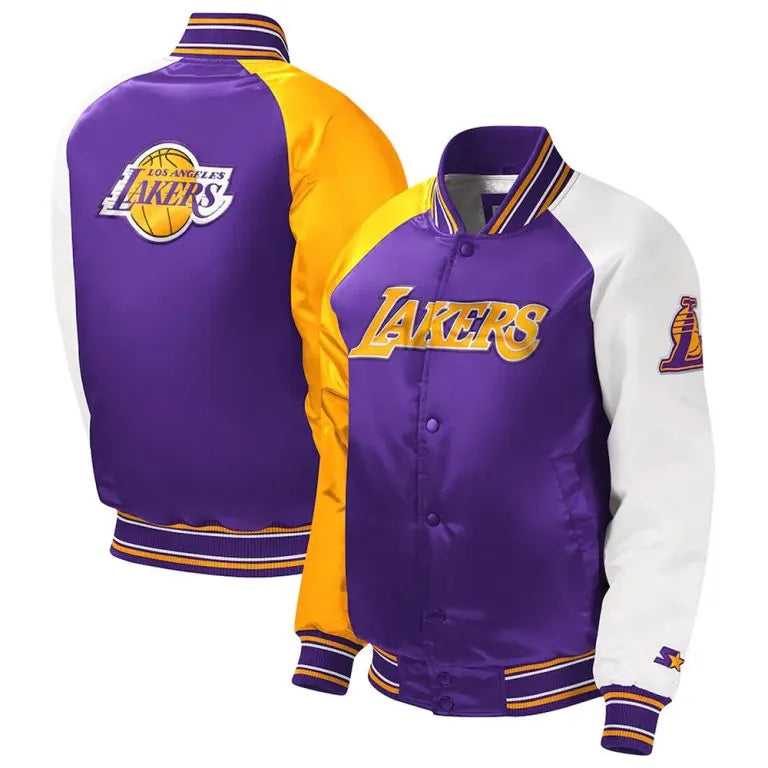 Los Angeles Lakers Youth Full-Snap Varsity Tri Color Satin Men's Bomber Jacket