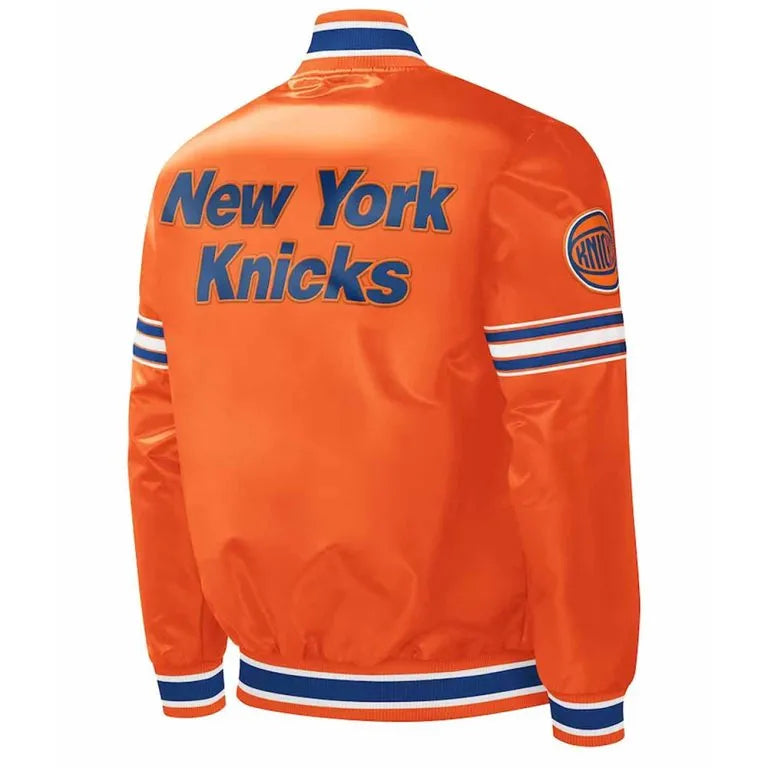 New York Knick Slider Full-Snap Varsity Orange Satin Men's Bomber Jacket