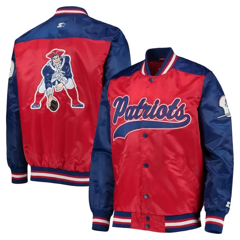 New England Patriots The Tradition Full-Snap Varsity Red & Blue Satin Men's Bomber Jacket