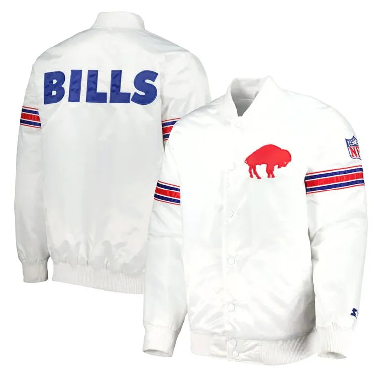 Buffalo Bills The Power Forward Full-Snap Varsity White Satin Men's Bomber Jacket