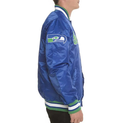 Seattle Seahawks Full-Snap Varsity Royal Blue Satin Men's Bomber Jacket