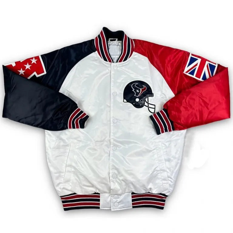 London Limited Edition Houston Texan Full-Snap Varsity Red and Navy Blue Satin Men's Bomber Jacket
