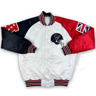 London Limited Edition Houston Texan Full-Snap Varsity Red and Navy Blue Satin Men's Bomber Jacket