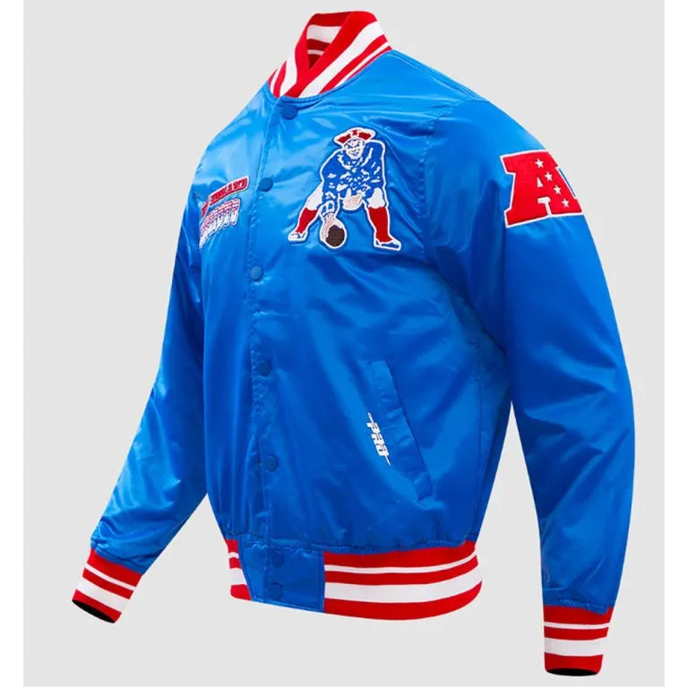 New England Patriots Retro Classic Rib Full-Snap Varsity Royal Blue Satin Men's Bomber Jacket