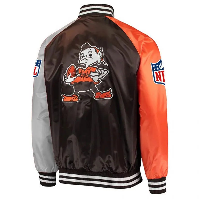 Cleveland Browns Lead Off Full-Snap Varsity Orange and Brown Satin Men's Bomber Jacket