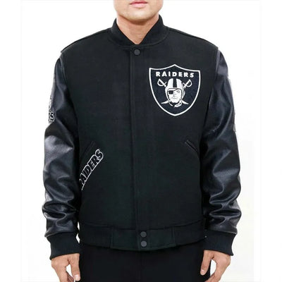 Los Vegas Raiders Black Wool and Genuine Leather Sleeves Men's Varsity Letterman Jacket