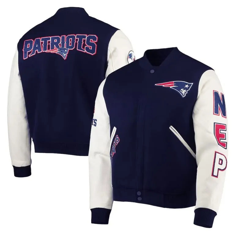 New England Patriots Logo Navy Blue Wool and White Genuine Leather Sleeves Men's Varsity Letterman Jacket