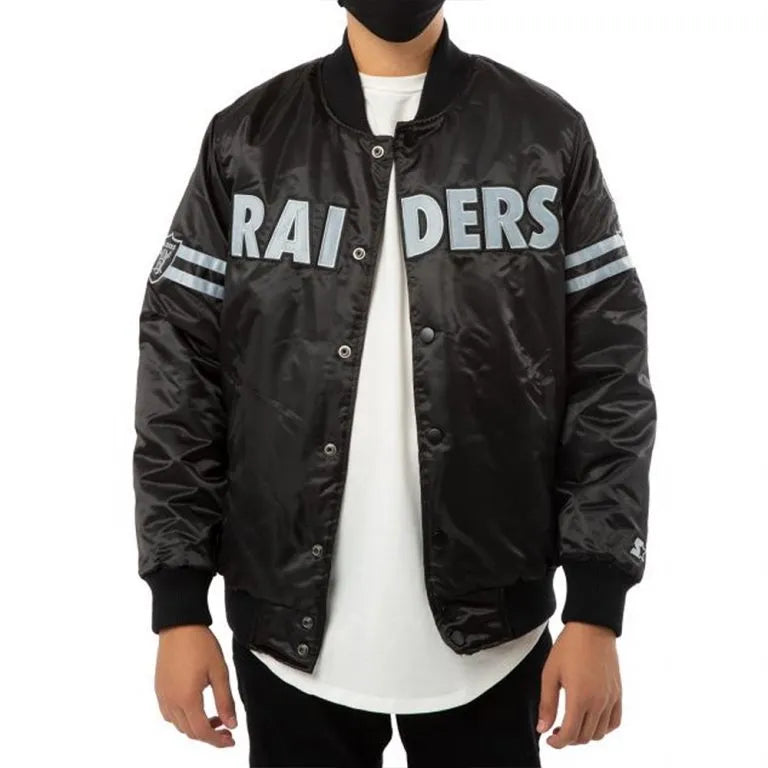 Los Angeles Raiders Striped Full-Snap Varsity Black Satin Men's Bomber Jacket