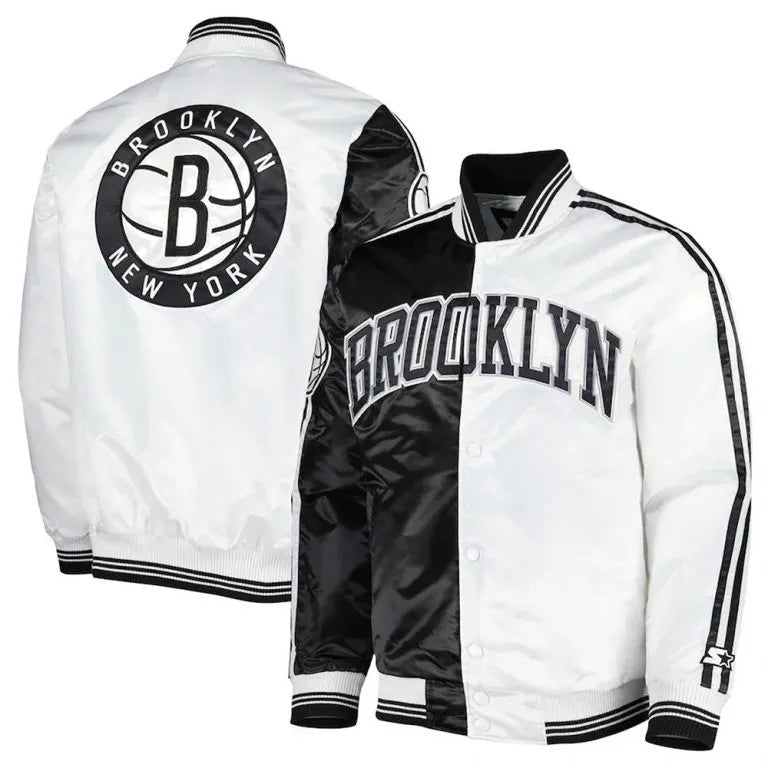 Brooklyn Nets Fast Break Full-Snap Varsity Black/White Satin Men's Bomber Jacket