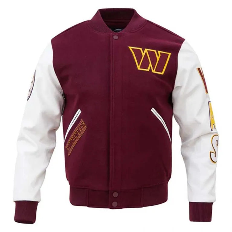 Washington Commanders Burgundy Wool & White Genuine Leather Sleeves Men's Varsity Letterman Jacket