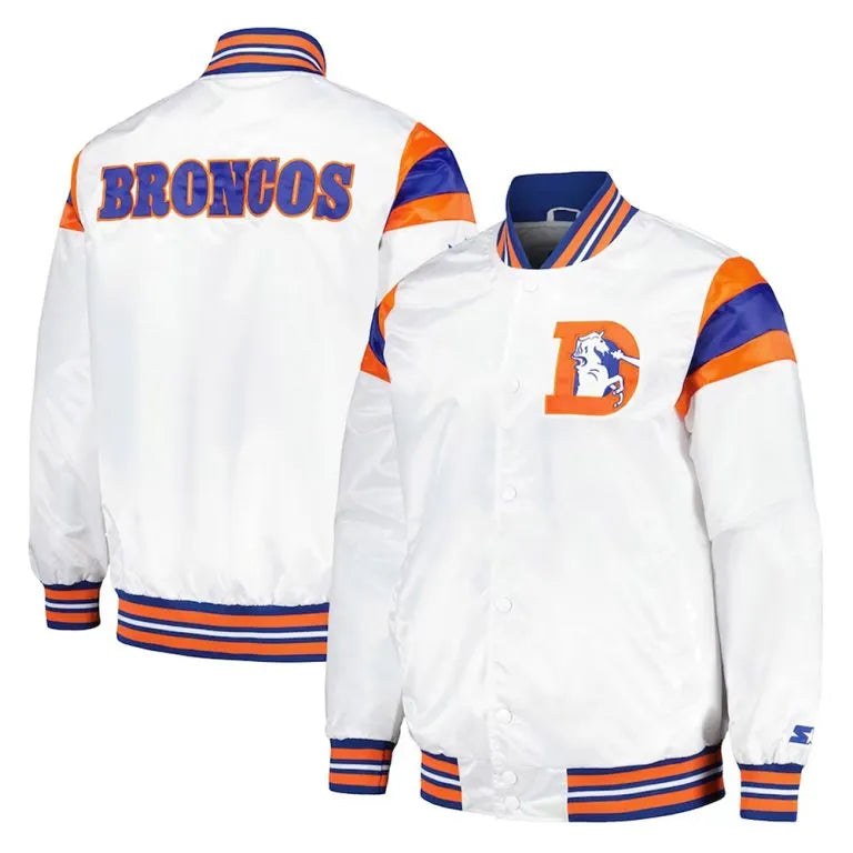 Denver Broncos Midweight Full-Snap Varsity White Satin Men's Bomber Jacket