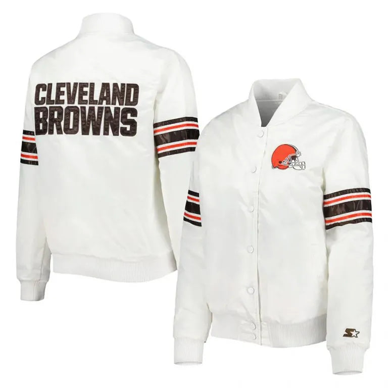 Cleveland Browns Line Up Full-Snap Varsity White Satin Men's Bomber Jacket