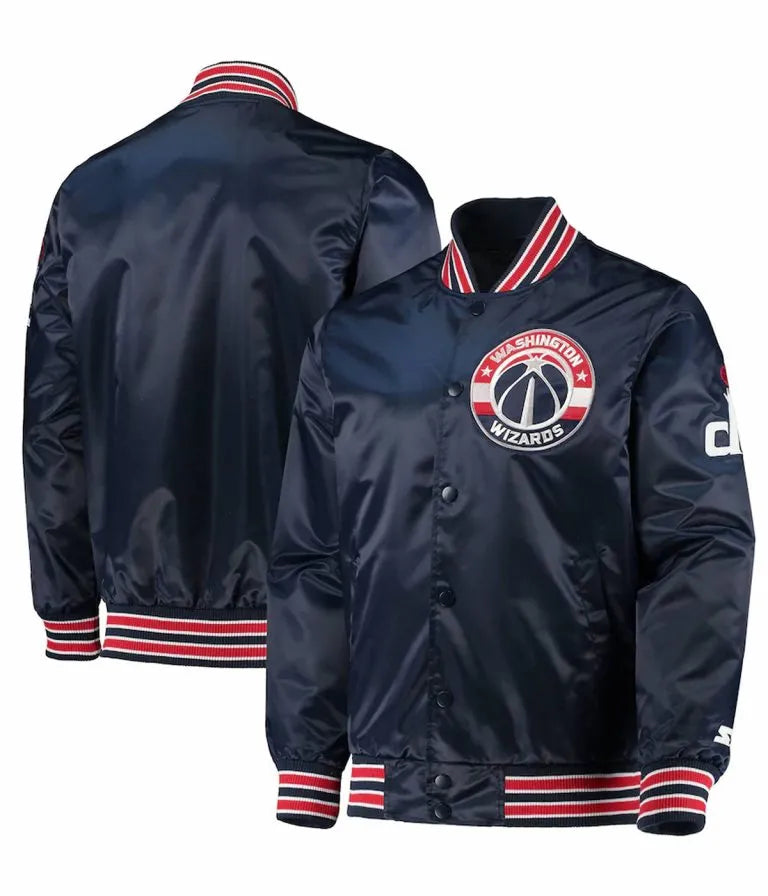 Washington Wizards The Diamond Classic Full-Snap Varsity Navy Blue Satin Men's Bomber Jacket