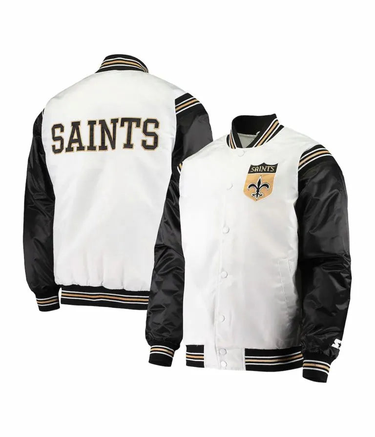 New Orleans Saints Historic Renegade Full-Snap Varsity Black and White Satin Men's Bomber Jacket