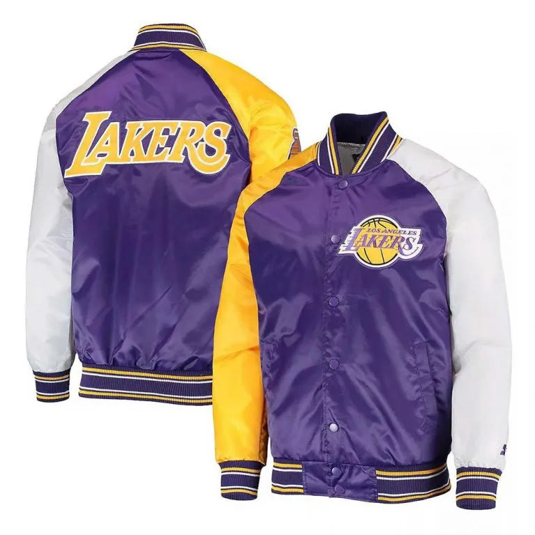 Los Angeles Lakers Reliever Full-Snap Varsity Tri Color Satin Men's Bomber Jacket