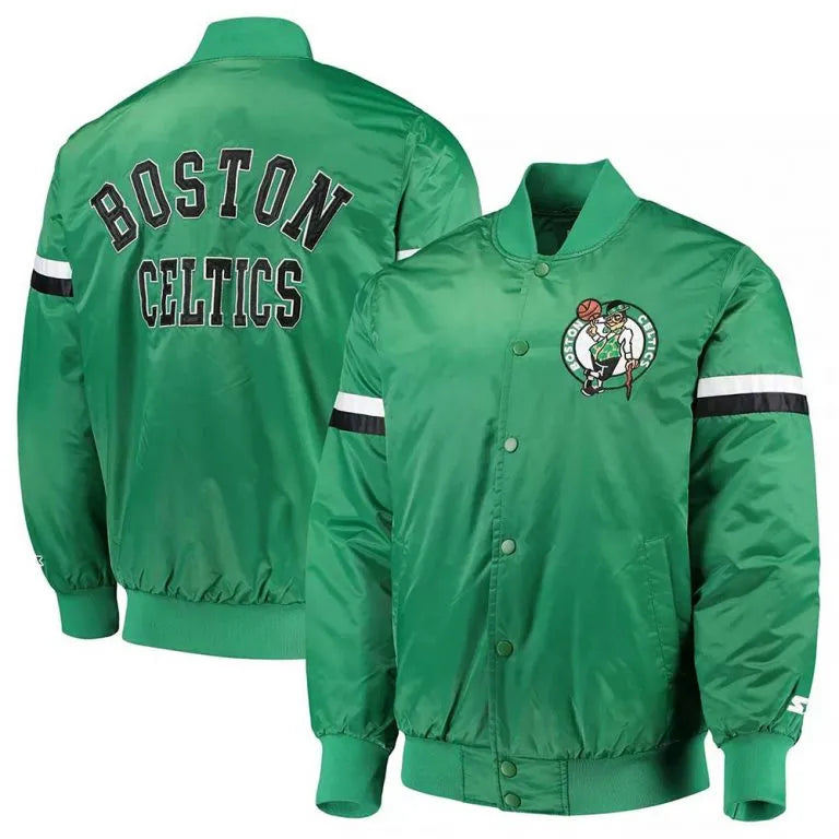 Boston Celtics The Champ Full-Snap Varsity Green Satin Men's Bomber Jacket