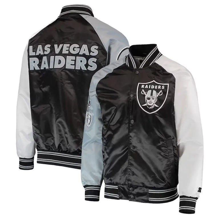 Los Angeles Raiders The Reliever Full-Snap Varsity Black Satin Men's Bomber Jacket