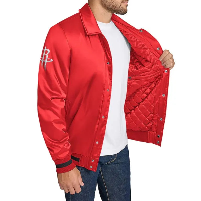 Houston Rockets Stitch Applique Full-Snap Varsity Red Satin Men's Bomber Jacket