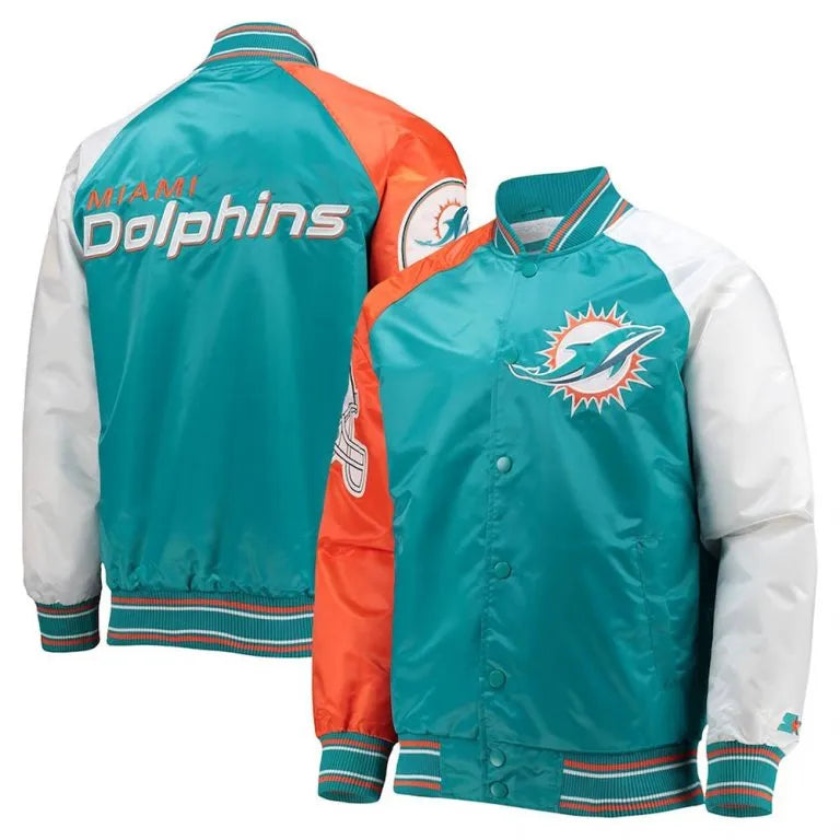 Miami Dolphins The Reliever Full-Snap Varsity Tri Color Satin Men's Bomber Jacket