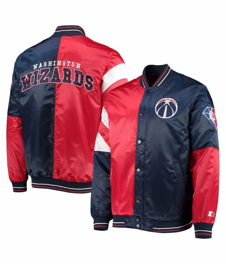 Washington Wizards 75th Anniversary Leader Full-Snap Varsity Navy Blue and Red Satin Men's Bomber Jacket
