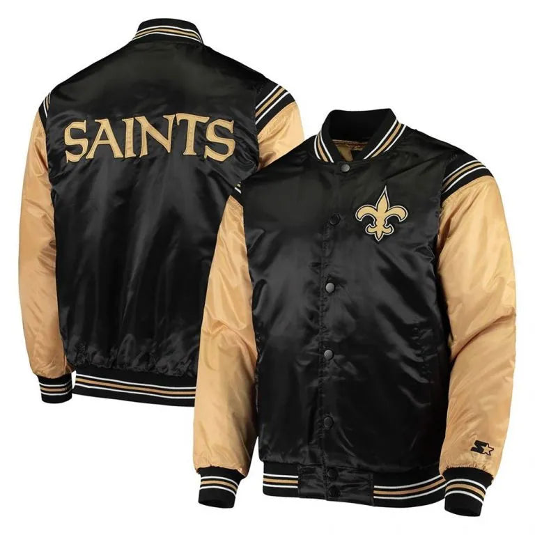 New Orleans Saints Enforcer Full-Snap Varsity Black/Gold Satin Men's Bomber Jacket