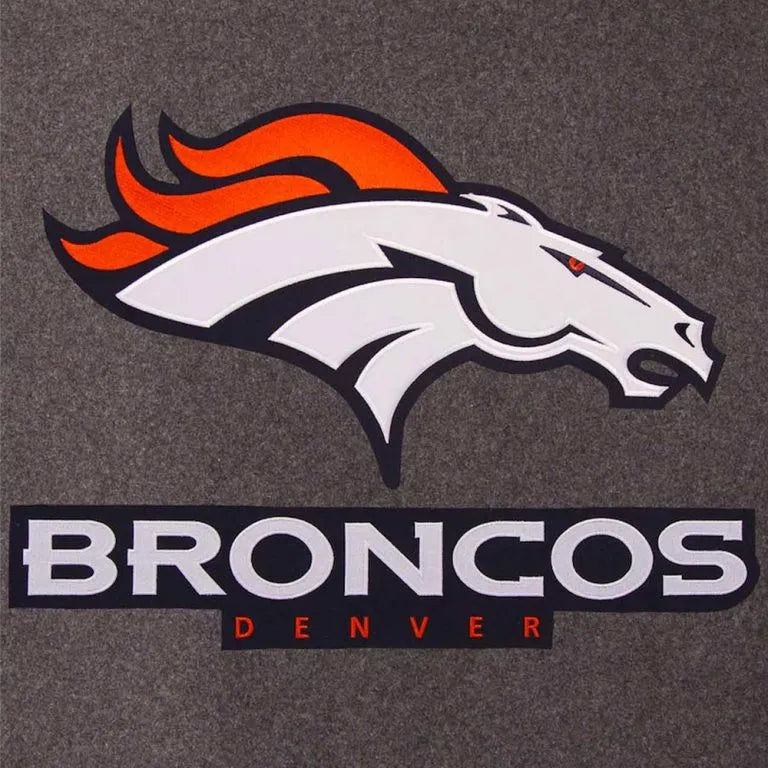 Denver Broncos Charcoal Wool & Navy Blue Genuine Leather Sleeves Men's Varsity Jacket