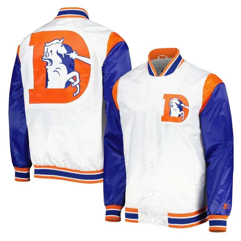 Denver Broncos Throwback Warm Up Pitch Full-Snap Varsity Royal Blue & White Satin Men's Bomber Jacket