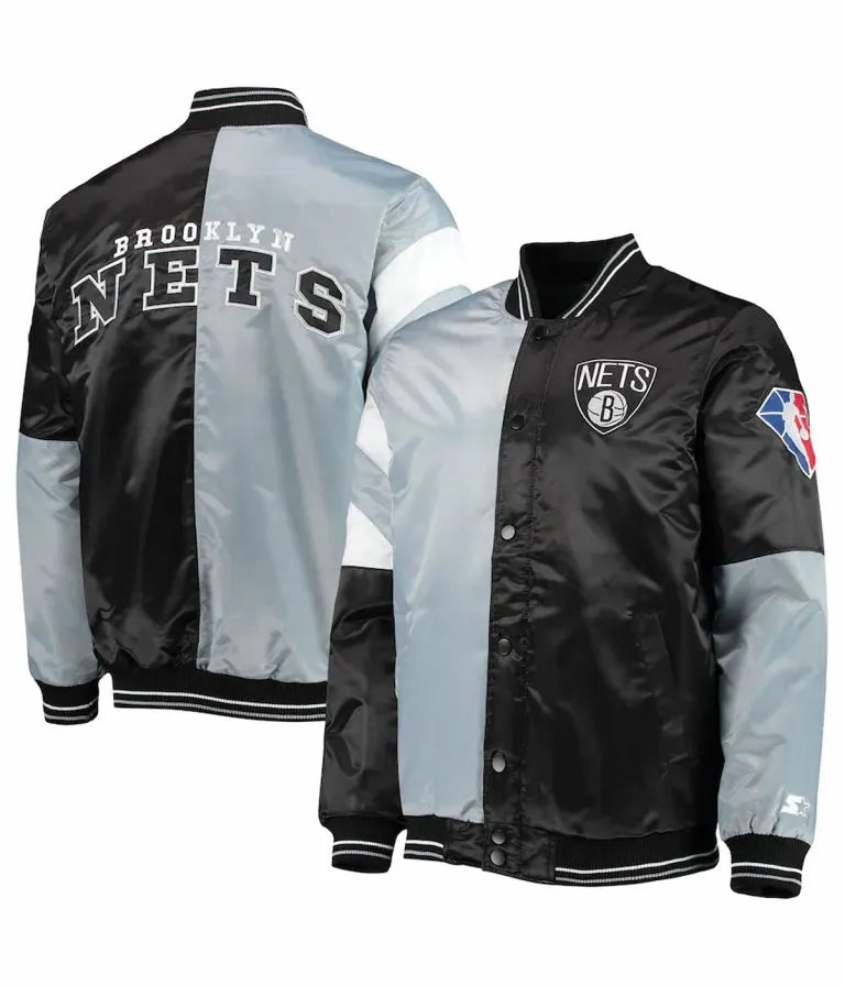 Brooklyn Nets Leader Full-Snap Varsity Gray & Black Satin Men's Bomber Jacket