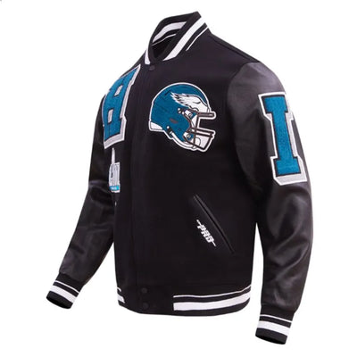 Philadelphia Eagles Mashup Rib Black Wool & Genuine Leather Sleeves Men's Varsity Letterman Jacket