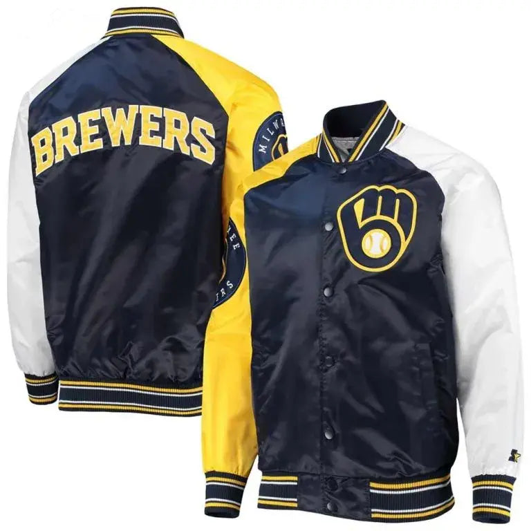 Milwaukee Brewers Varsity Full-Snap Gold/Navy Satin Men's Jacket
