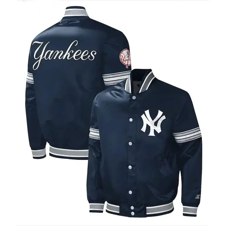 NY Yankees Midfield Full-Snap Navy Blue Satin Varsity Men's Jacket
