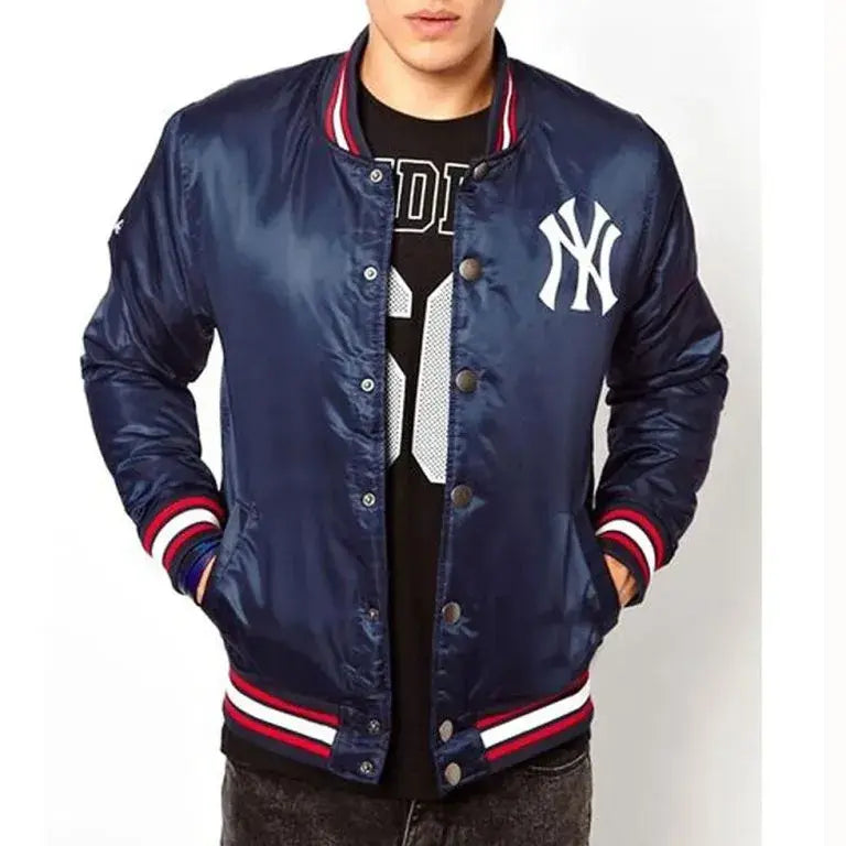 NY Yankees Baseball Full-Snap Navy Blue Satin Men's Jacket