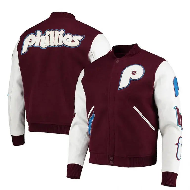 Philadelphia Phillies Burgundy Wool and White Leather Sleeves Varsity Men's Jacket