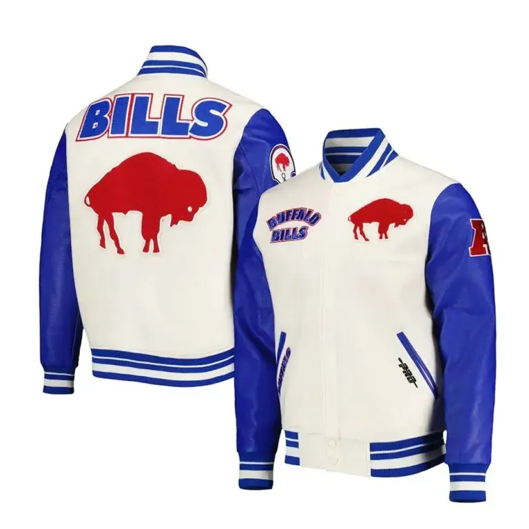 Buffalo Bills Cream Wool and Blue Leather Sleeves Varsity Men's Letterman Jacket
