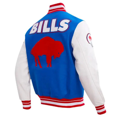 Buffalo Bills Royal Blue Wool and White Leather Sleeves Varsity Men's Letterman Jacket