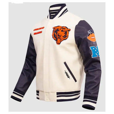 Chicago Bears Off White Wool & Navy Blue Genuine Leather Sleeves Full-Snap Men's Varsity Jacket