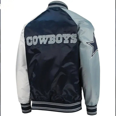 Dallas Cowboys The Tradition II Full-Snap Varsity Blue and Grey Satin Men's Bomber Jacket