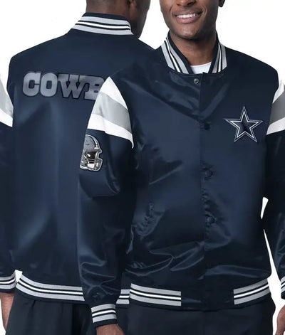 Dallas Cowboys Heavyweight Full-Snap Varsity Navy Blue Satin Men's Bomber Jacket