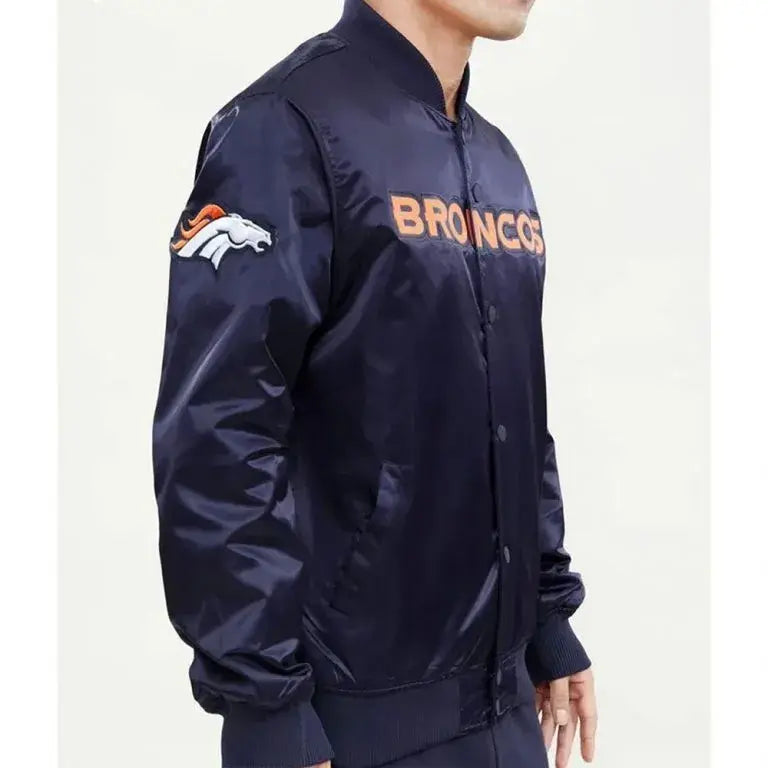 Denver Broncos Full-Snap Varsity Navy Blue Satin Men's Bomber Jacket