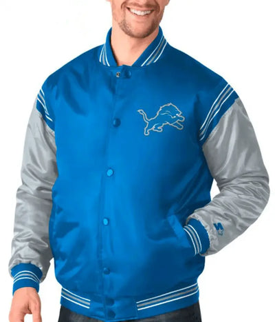 Detroit Lions Full-Snap Varsity Blue and Grey Satin Men's Bomber Jacket