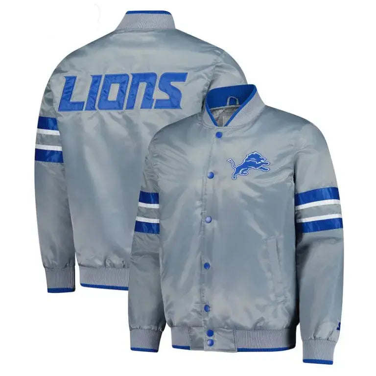 Detroit Lions Scout I Full-Snap Varsity Blue and Grey Satin Men's Bomber Jacket