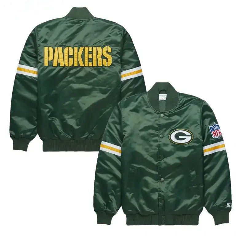 Green Bay Packers Striped Full-Snap Varsity Green Satin Men's Bomber Jacket