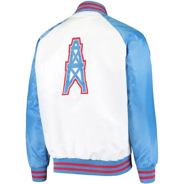 Houston Oilers Throwback Full-Snap Varsity White and Blue Satin Men's Bomber Jacket