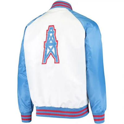 Houston Oilers Throwback Full-Snap Varsity White and Blue Satin Men's Bomber Jacket