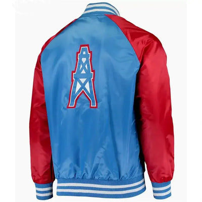 Houston Oilers Throwback Full-Snap Varsity Red and Blue Satin Men's Bomber Jacket
