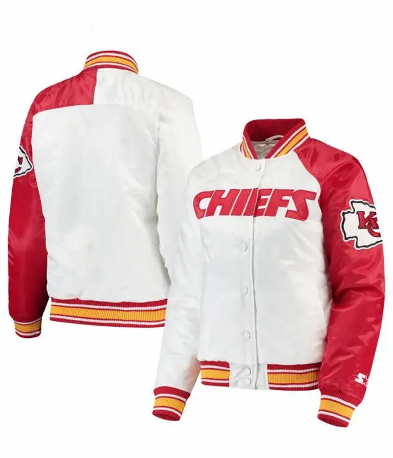 Kansas City Chiefs Full-Snap Varsity White & Red Satin Men's Bomber Jacket