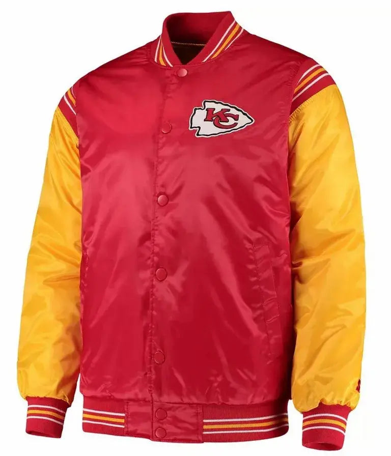 Kansas City Chiefs Full-Snap Varsity Red and Yellow Satin Men's Bomber Jacket